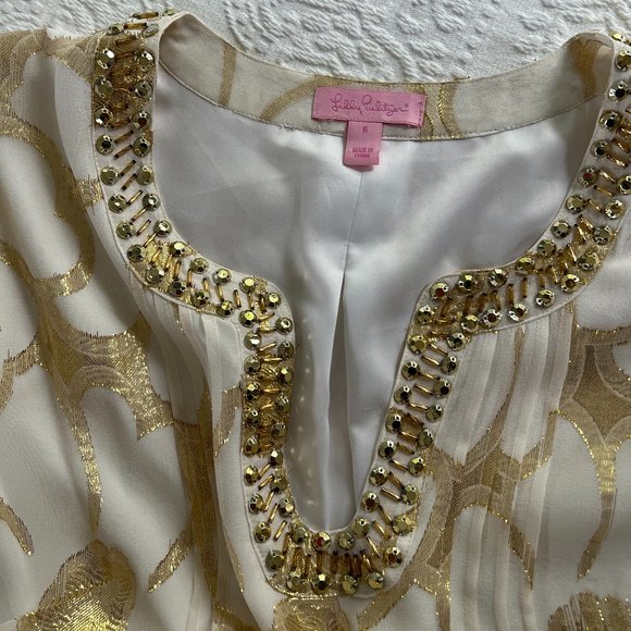 COPY - Lilly Pulitzer Gold Metallic SILK and LINED Floral Mini Dress - Picture 4 of 4